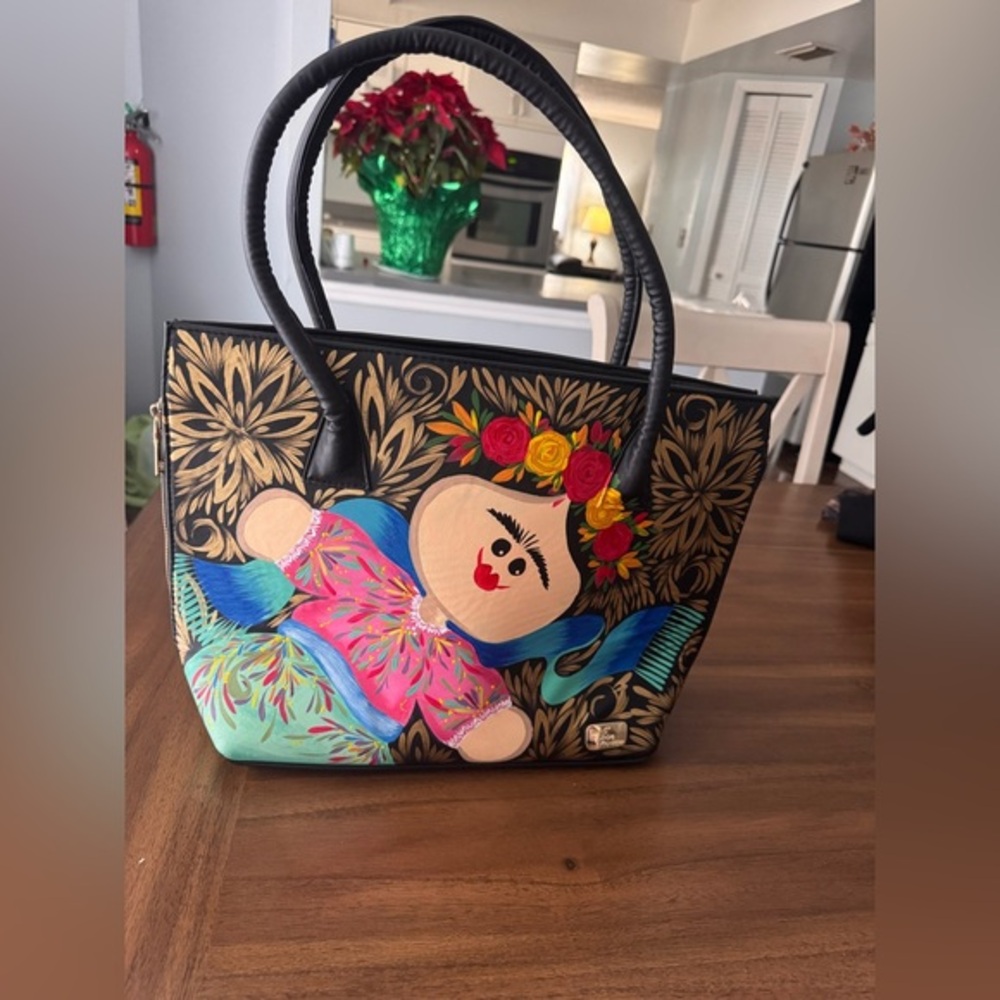 Hand-Painted Floral Doll Tote Bag - Black with Multicolor Artwork